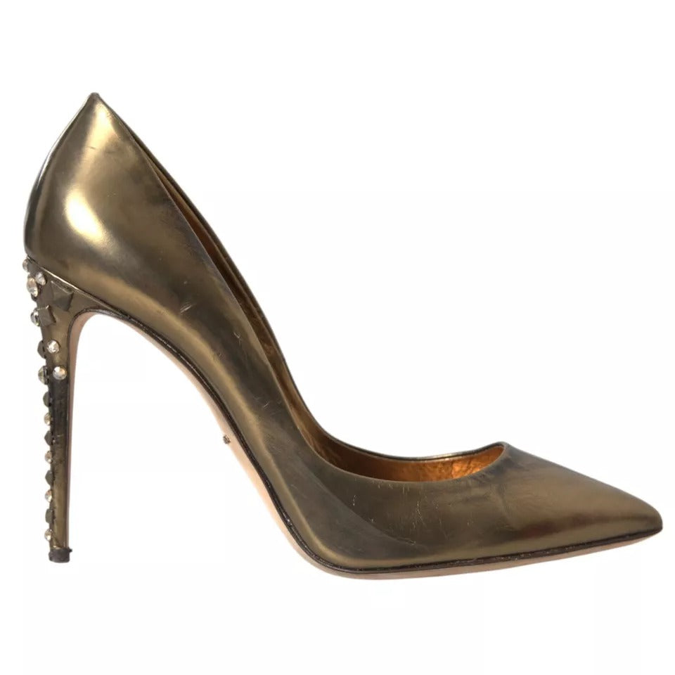 Dolce Gabbana Bronze Leather Embellished Heels Pumps Shoes