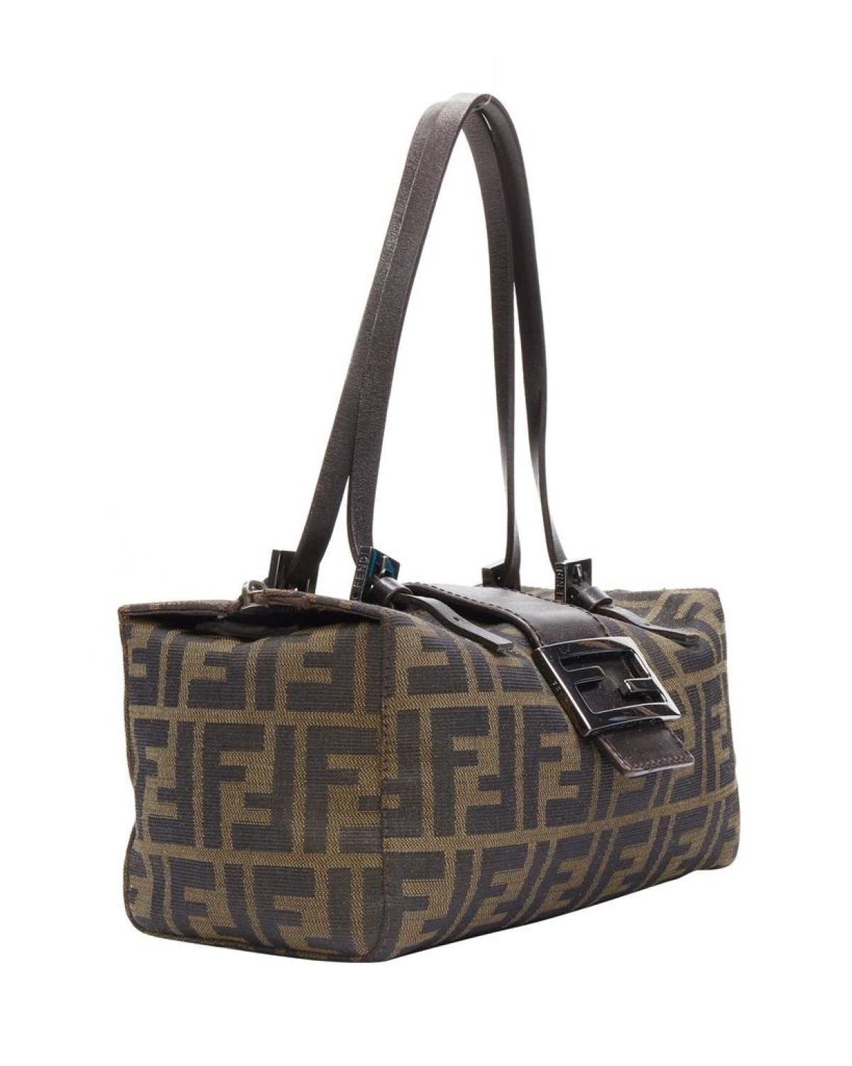 FENDI Vintage brown leather handle Zucca Monogram canvas mini cube bos