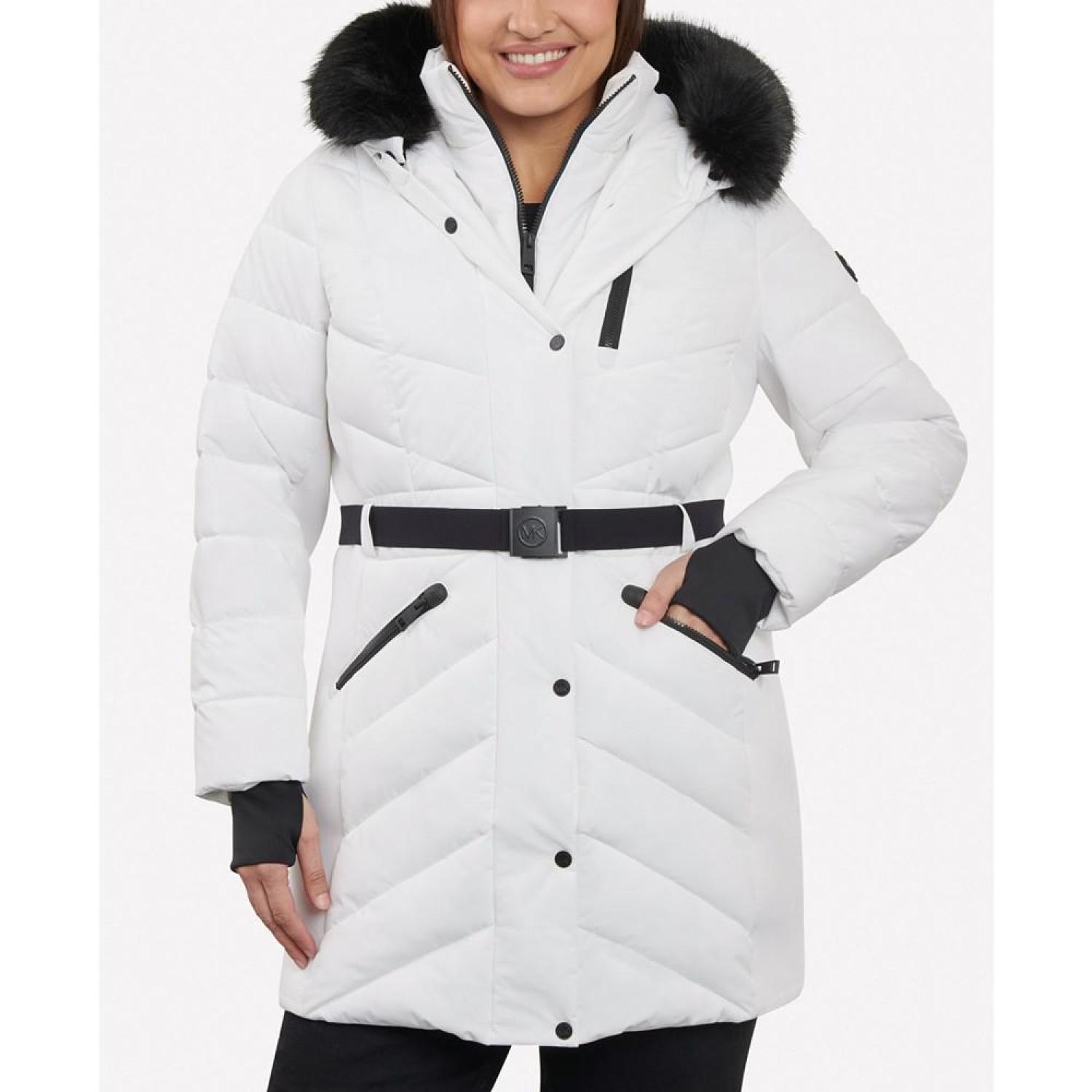 Women's Plus Size Hooded Belted Puffer Coat