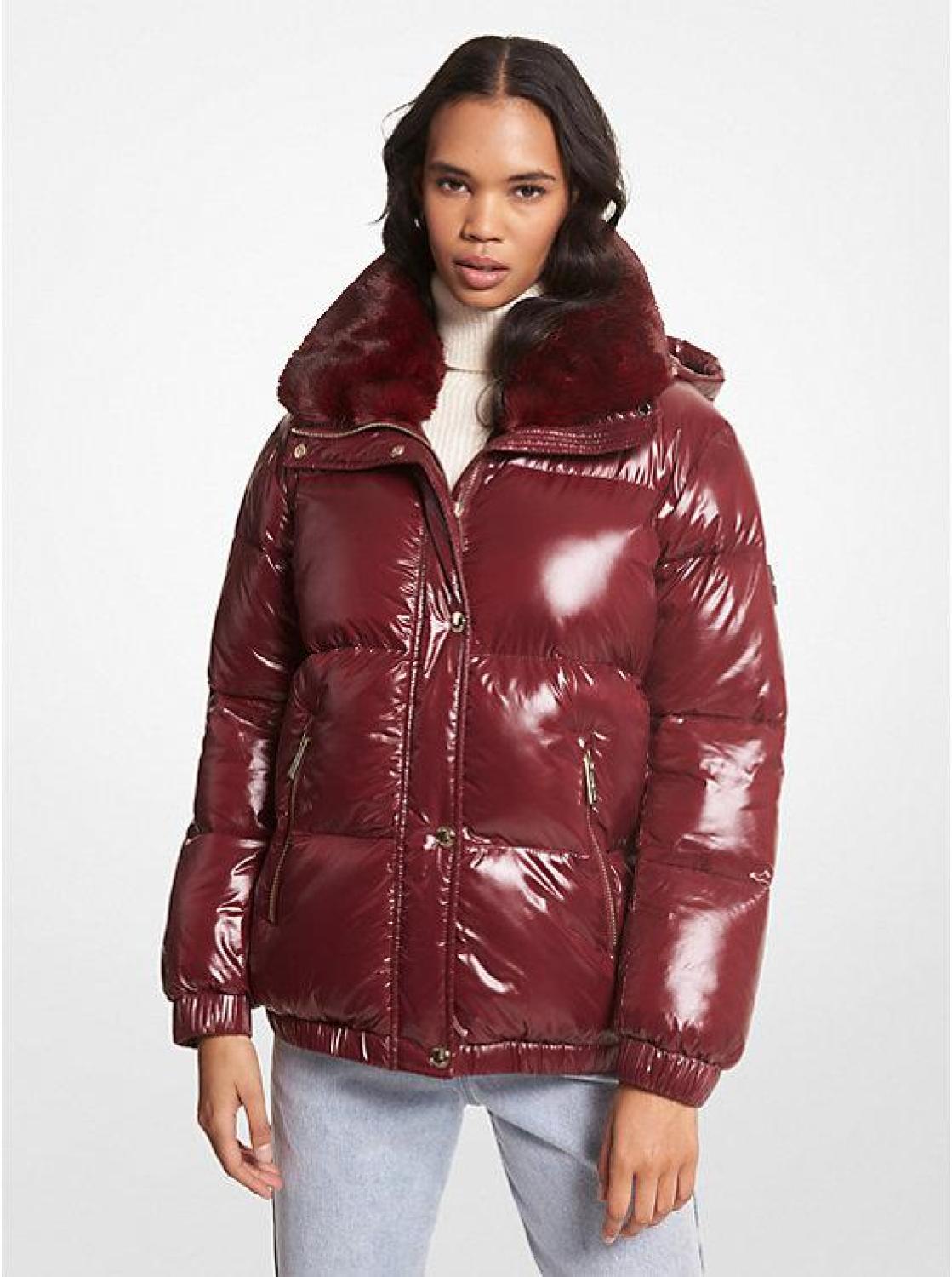 Faux Fur Trim Quilted Nylon Puffer Jacket