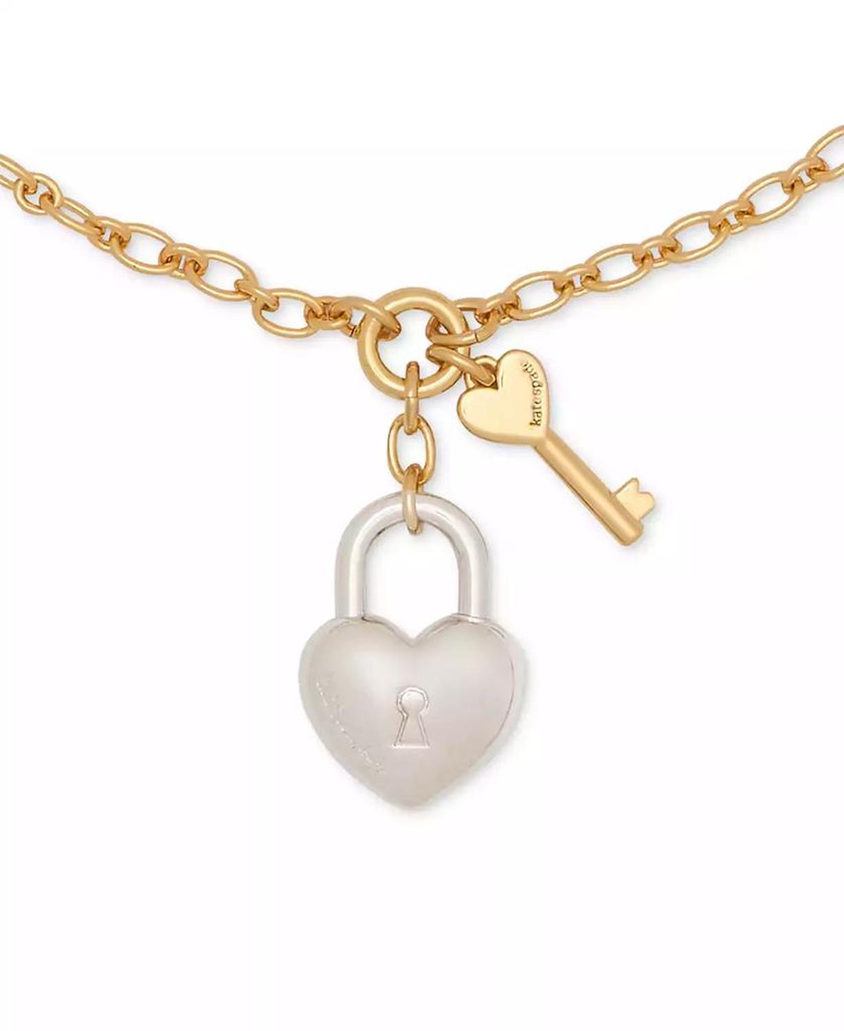 Two-Tone Heart Lock & Key Statement Pendant Necklace, 16" + 3" extender