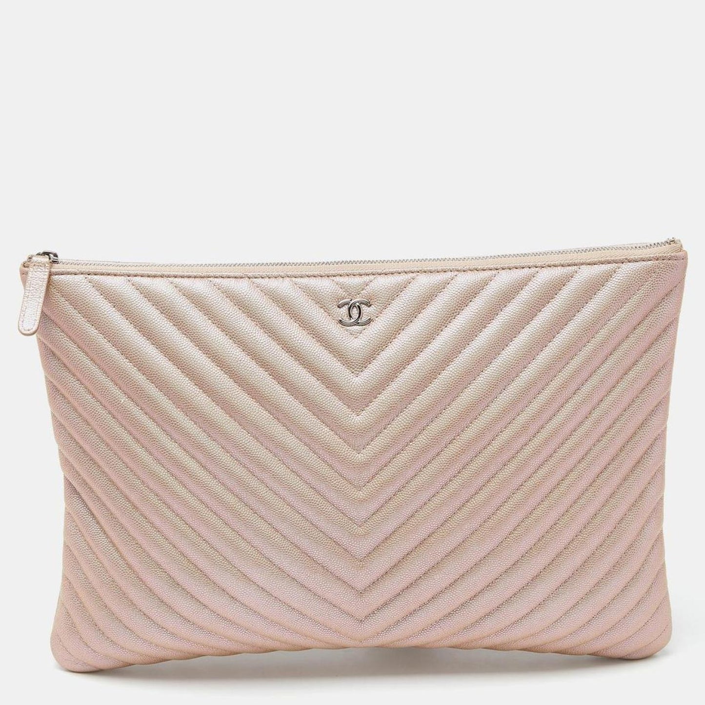 Chanel Pearl  Chevron Caviar Leather Large O-Case Zip Pouch