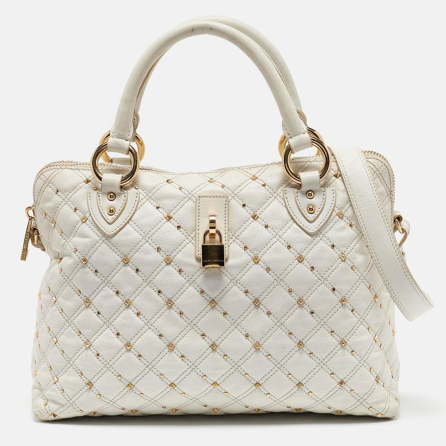 White Quilted Leather Large Rio Stardust Studded Satchel