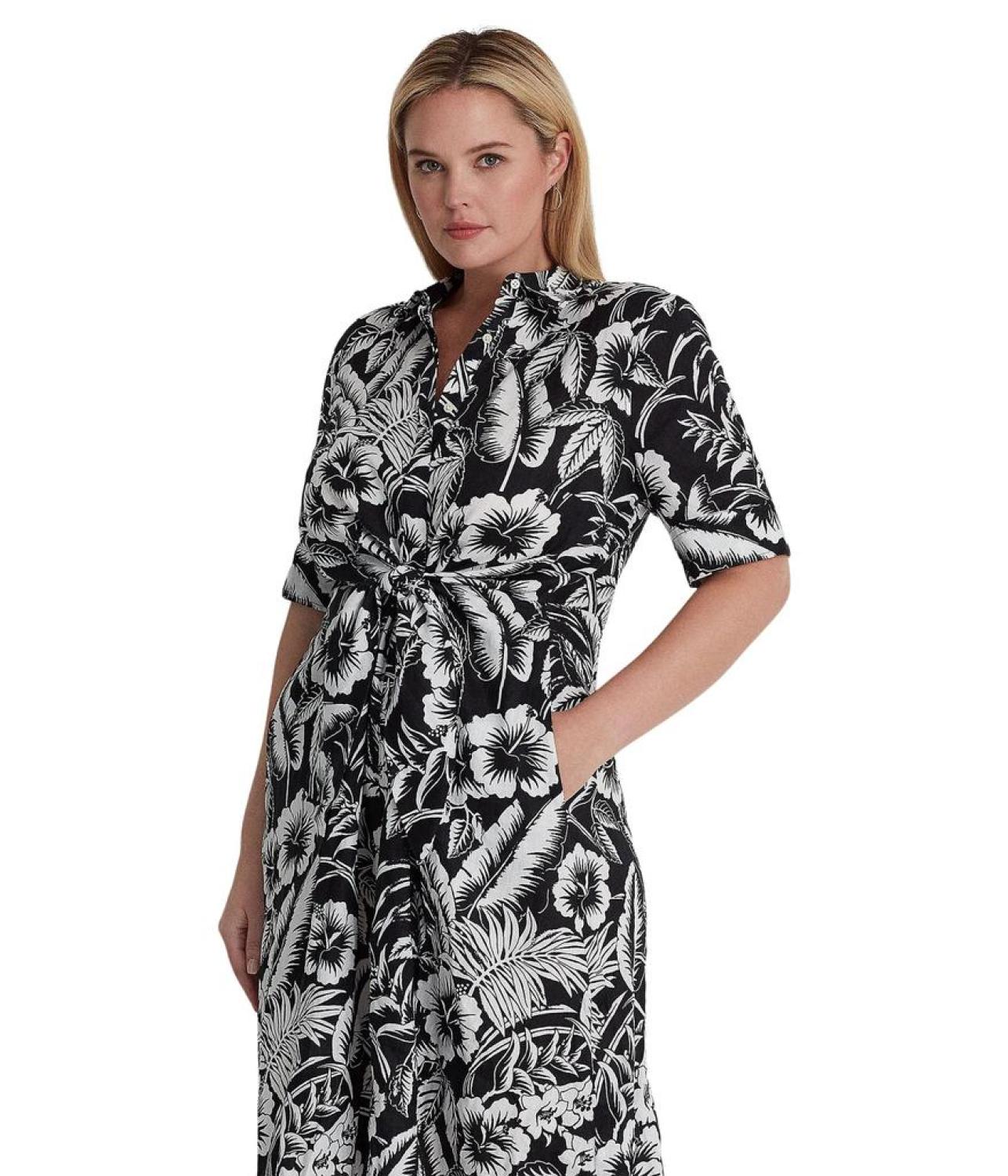 Plus Size Floral Tie Front Linen Shirtdress