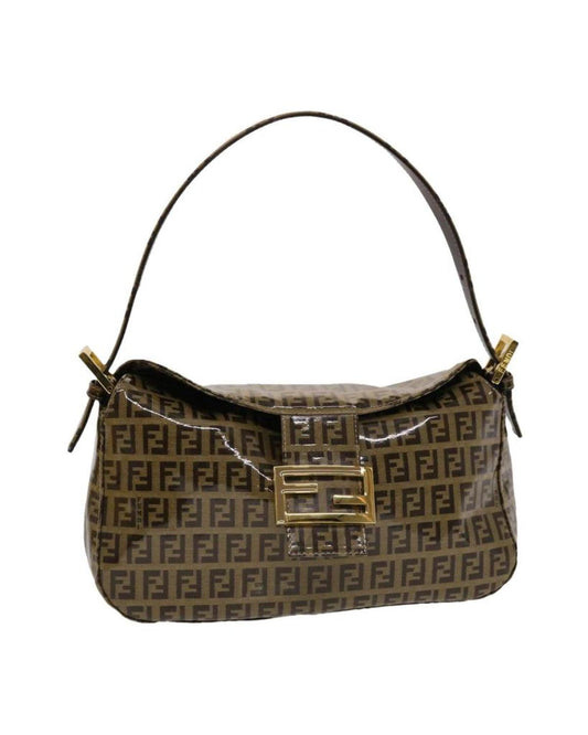 FENDI Zucchino Canvas Mamma Baguette Shoulder Bag Brown Auth yk7943