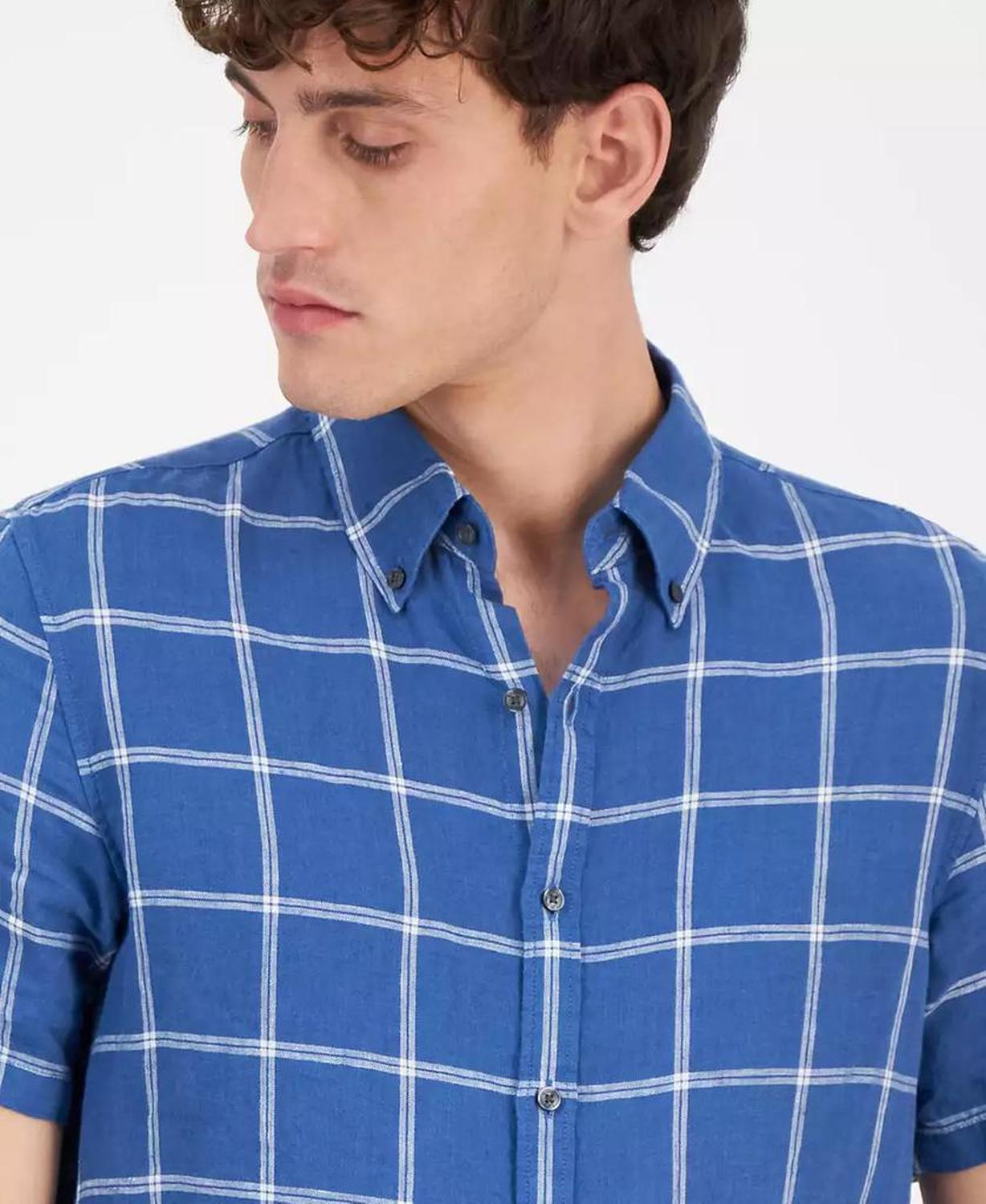 Men's Short-Sleeve Plaid Linen Button-Down Shirt