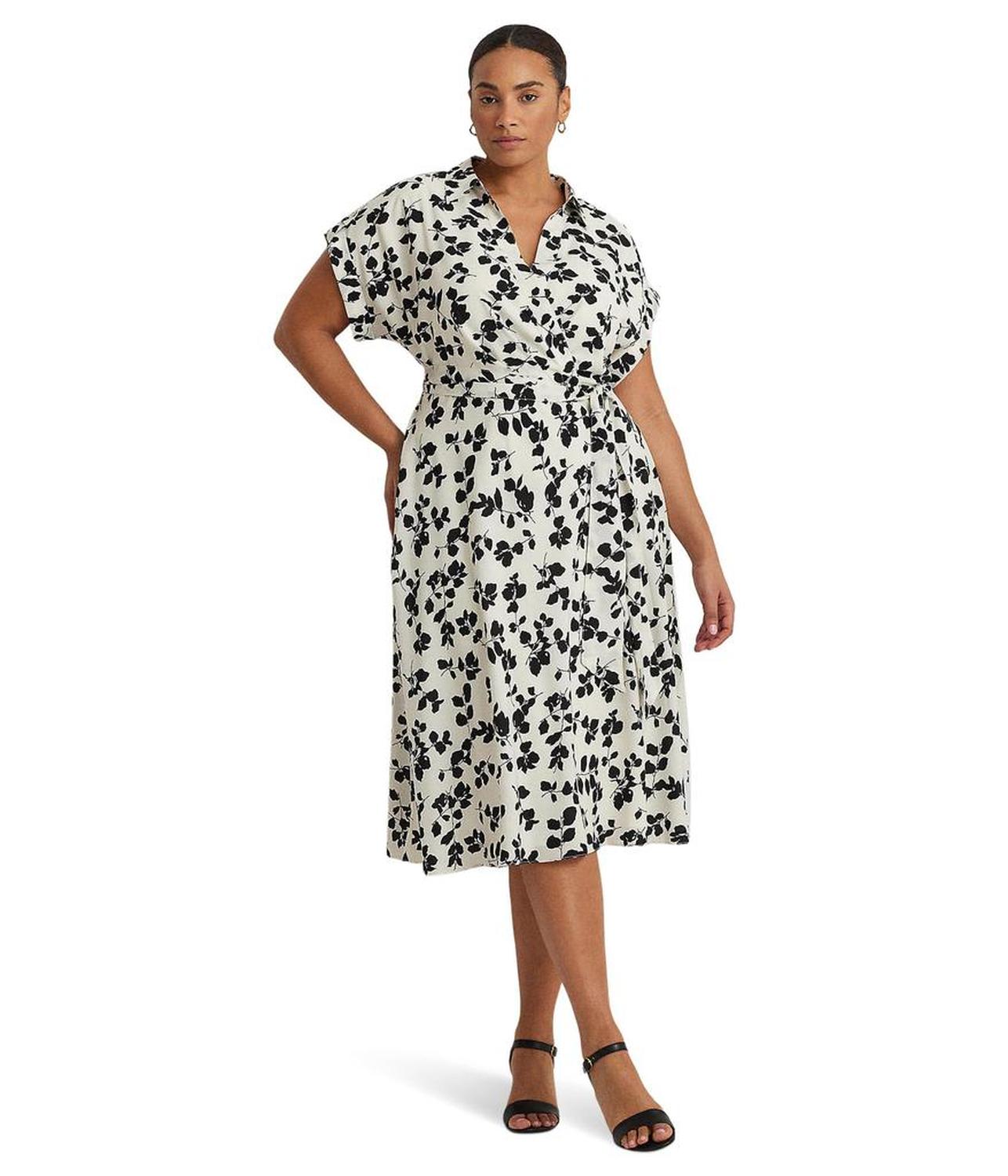 Plus-Size Leaf-Print Belted Crepe Dress