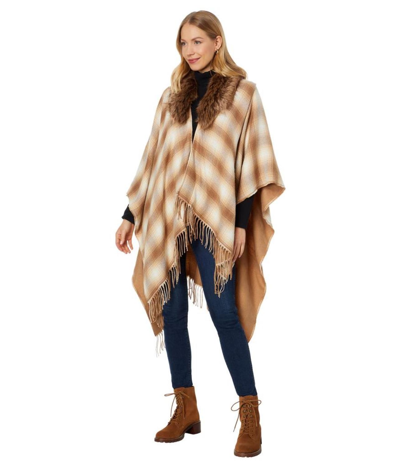 Reversible Plaid Ruana with Faux Fur Collar