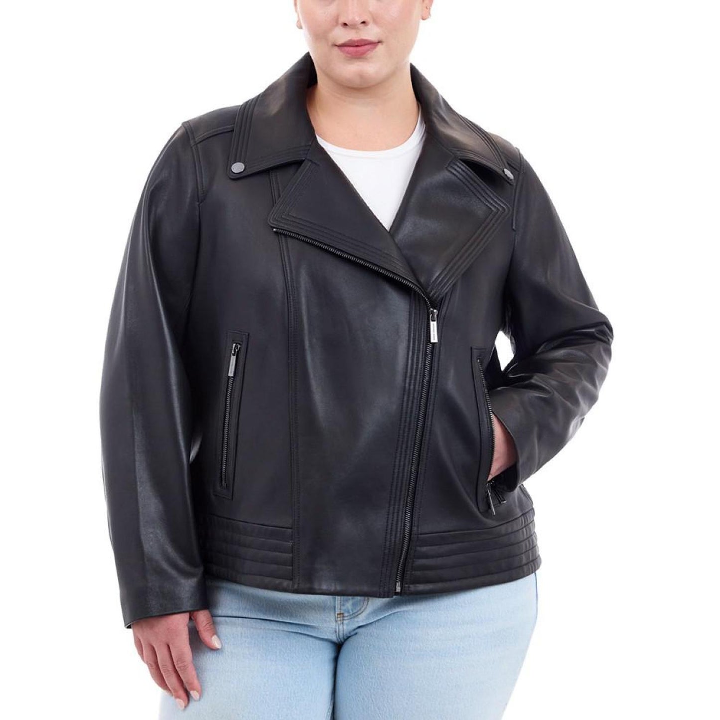 Plus Size Asymmetric Leather Moto Coat