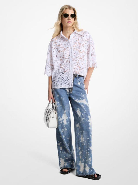 Hand-Splattered Bleach Denim Wide-Leg Jean