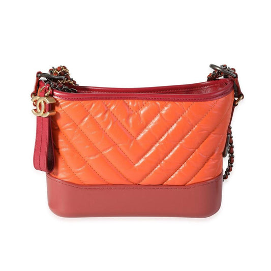 Chanel Orange & Red Aged Calfskin Chevron Quilted Small Gabrielle Hobo