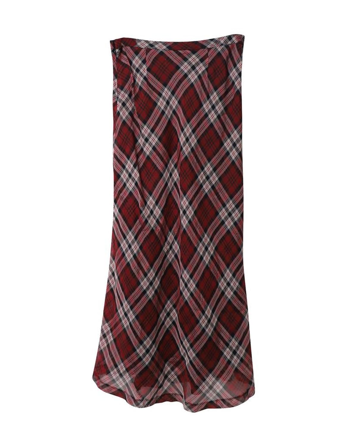 Michael Kors Plaid Maxi Skirt in Red Silk-Voile