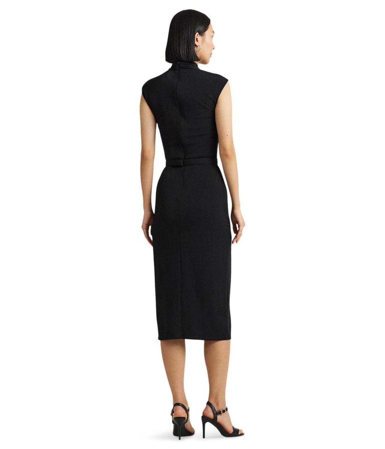 Belted Jersey Mock Neck Dress