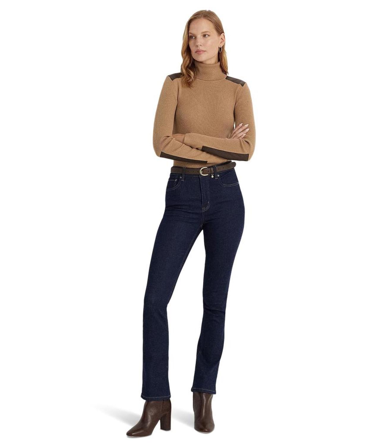 Petite Faux Leather Trim Ribbed Turtleneck