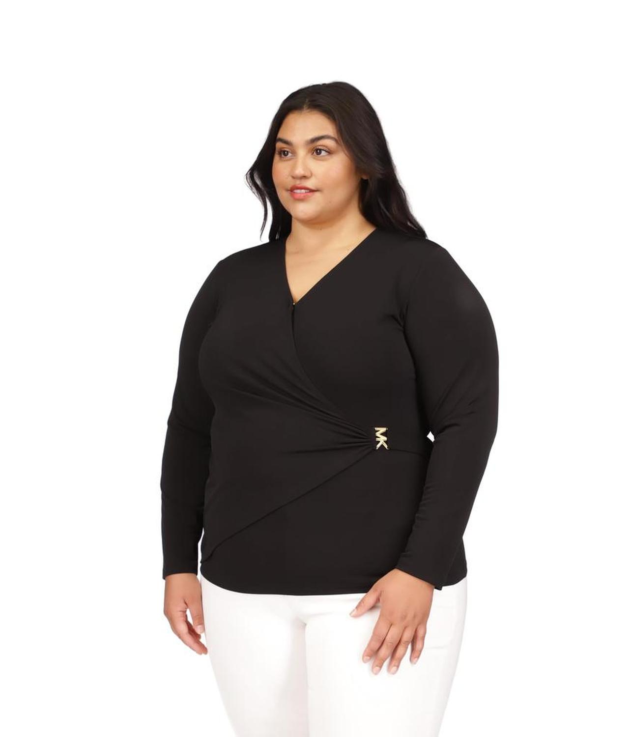 Plus Size Long Sleeve Hardware Faux Wrap Top