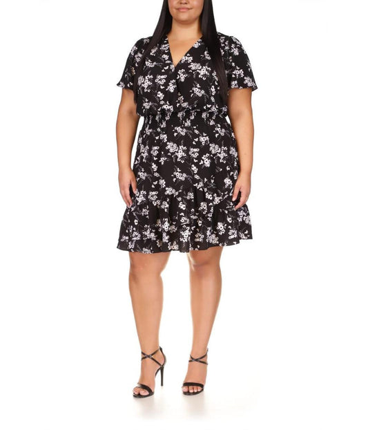 Plus Size Botanical Short Sleeve Wrap Dress