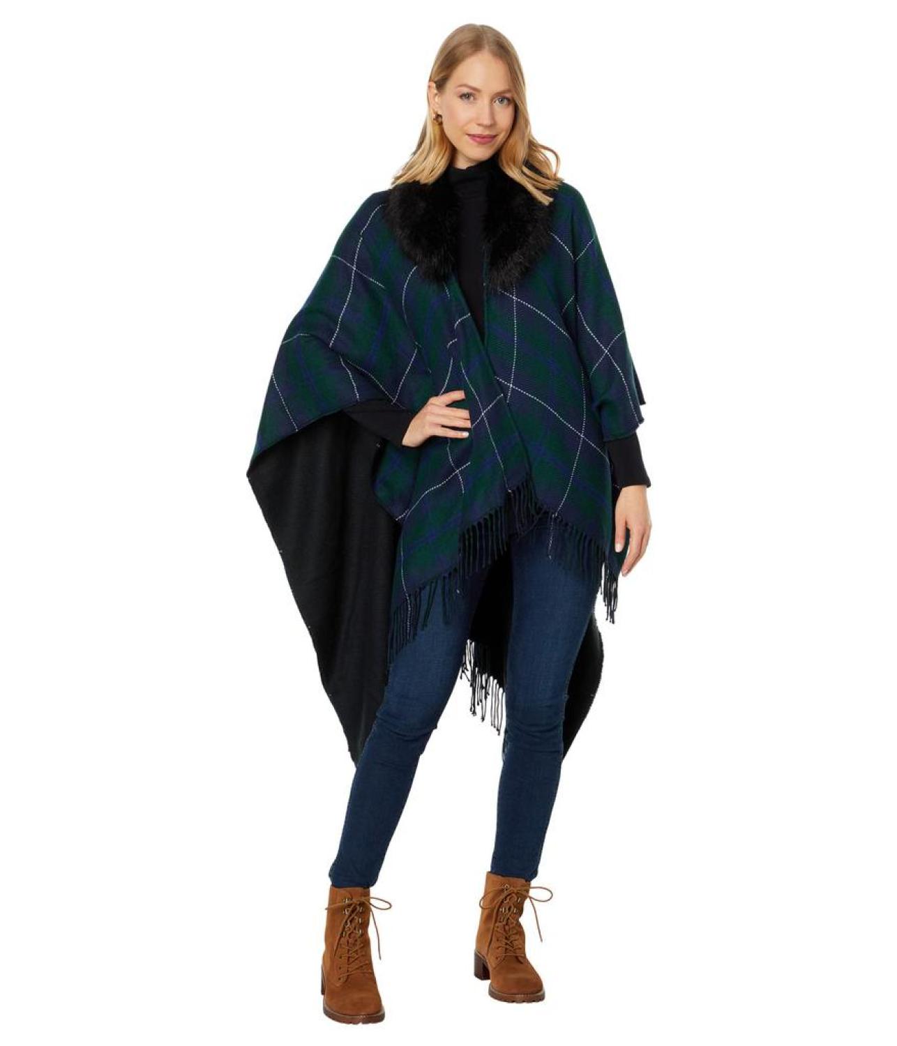 Reversible Plaid Ruana with Faux Fur Collar