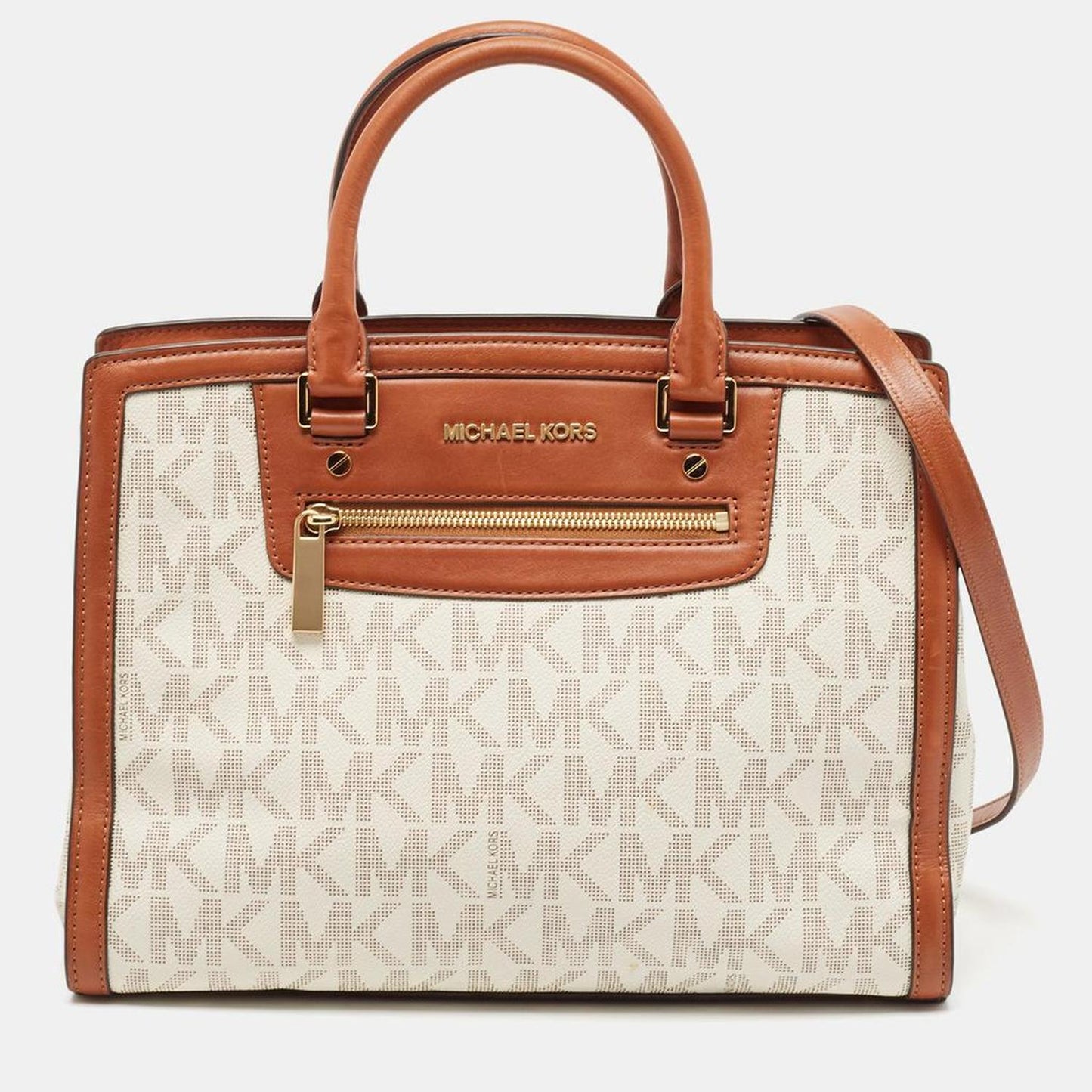 Brown/white Signature Coated Canvas And Leather Selma Zip Tote