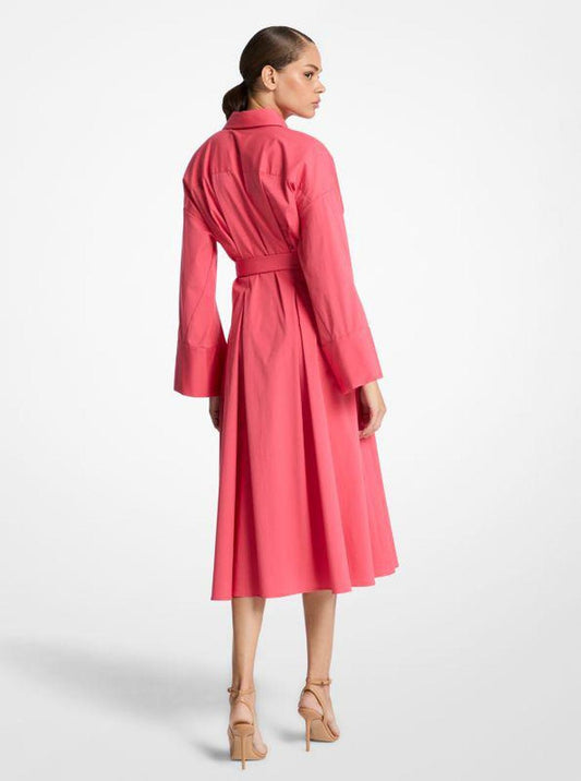 Kimono Sleeve Stretch Cotton Poplin Shirtdress