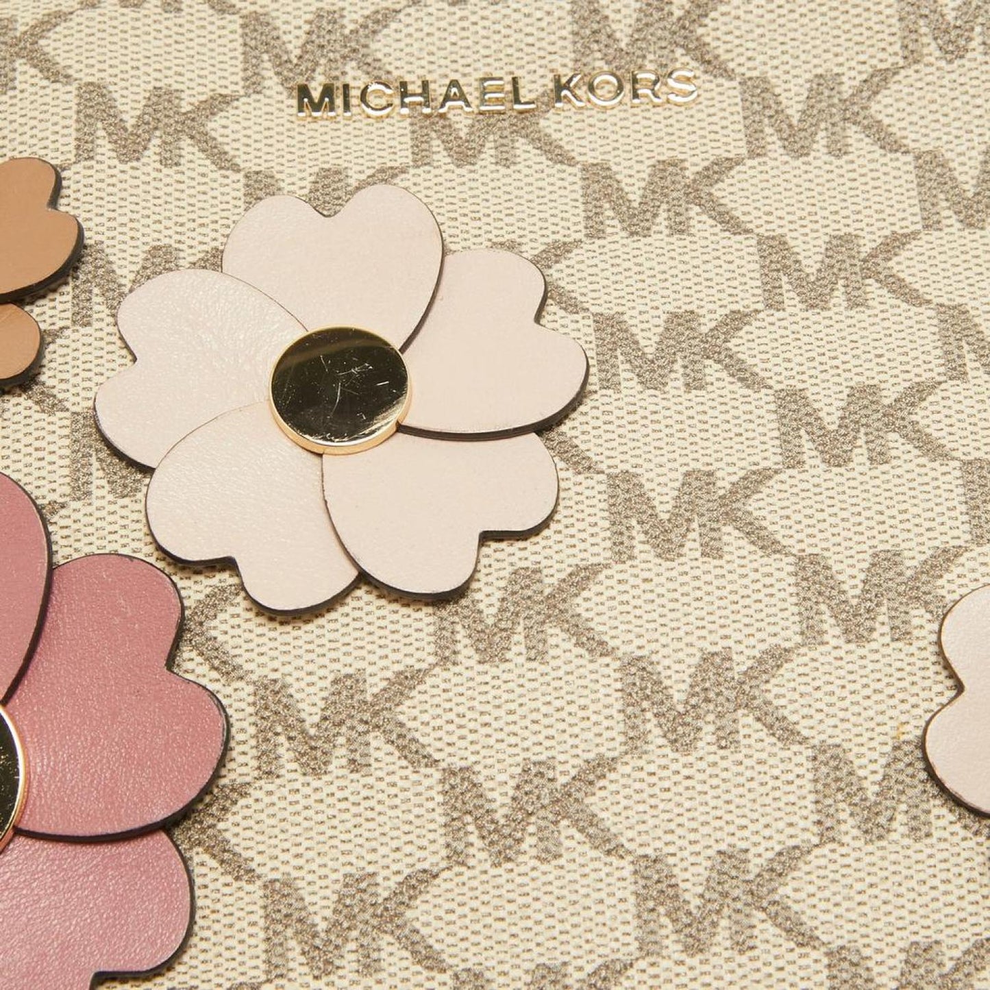 Michael Kors Old Rose/beige Signature Coated Canvas And Leather Floral Applique Ginny Crossbody Bag