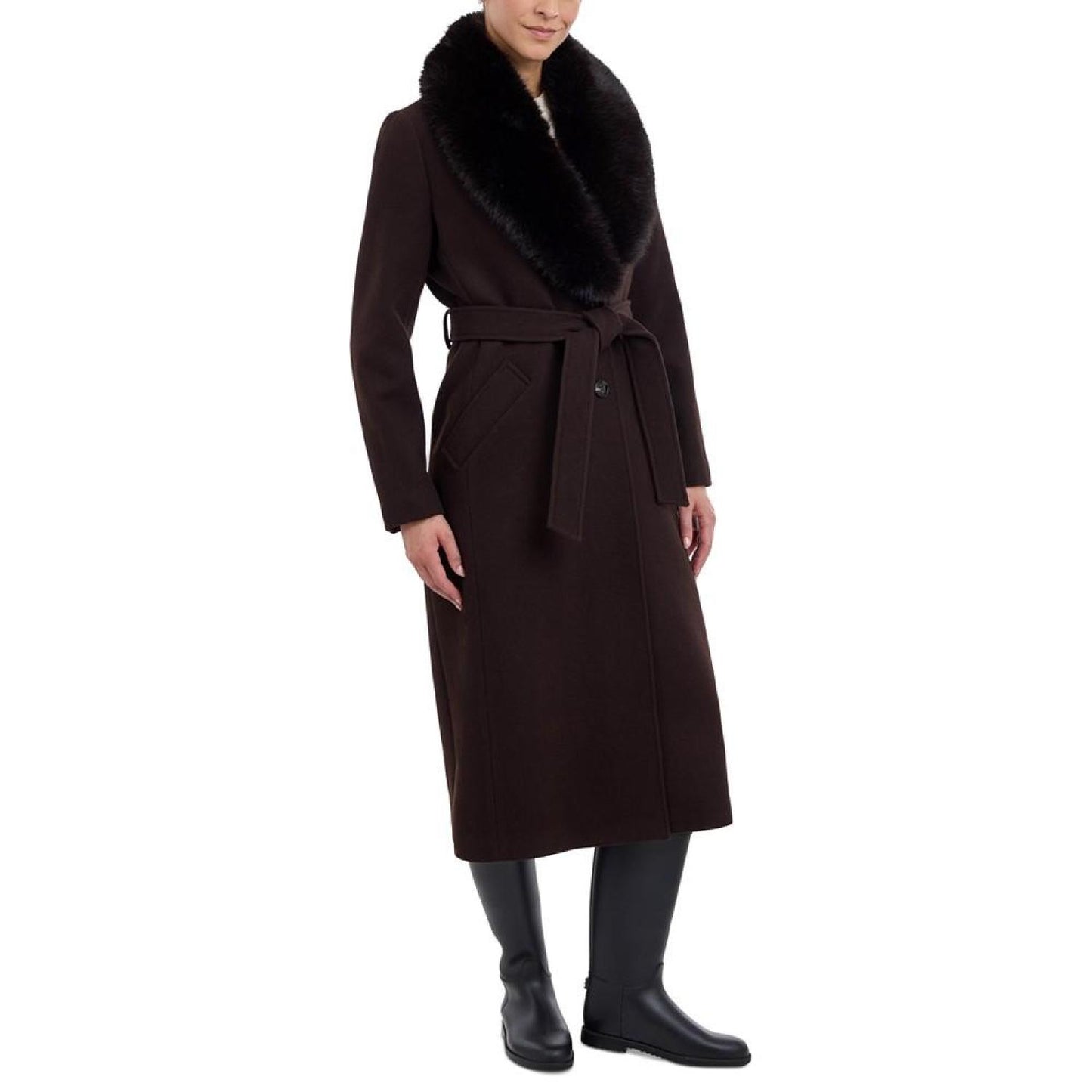 Women's Faux-Fur-Collar Belted Coat