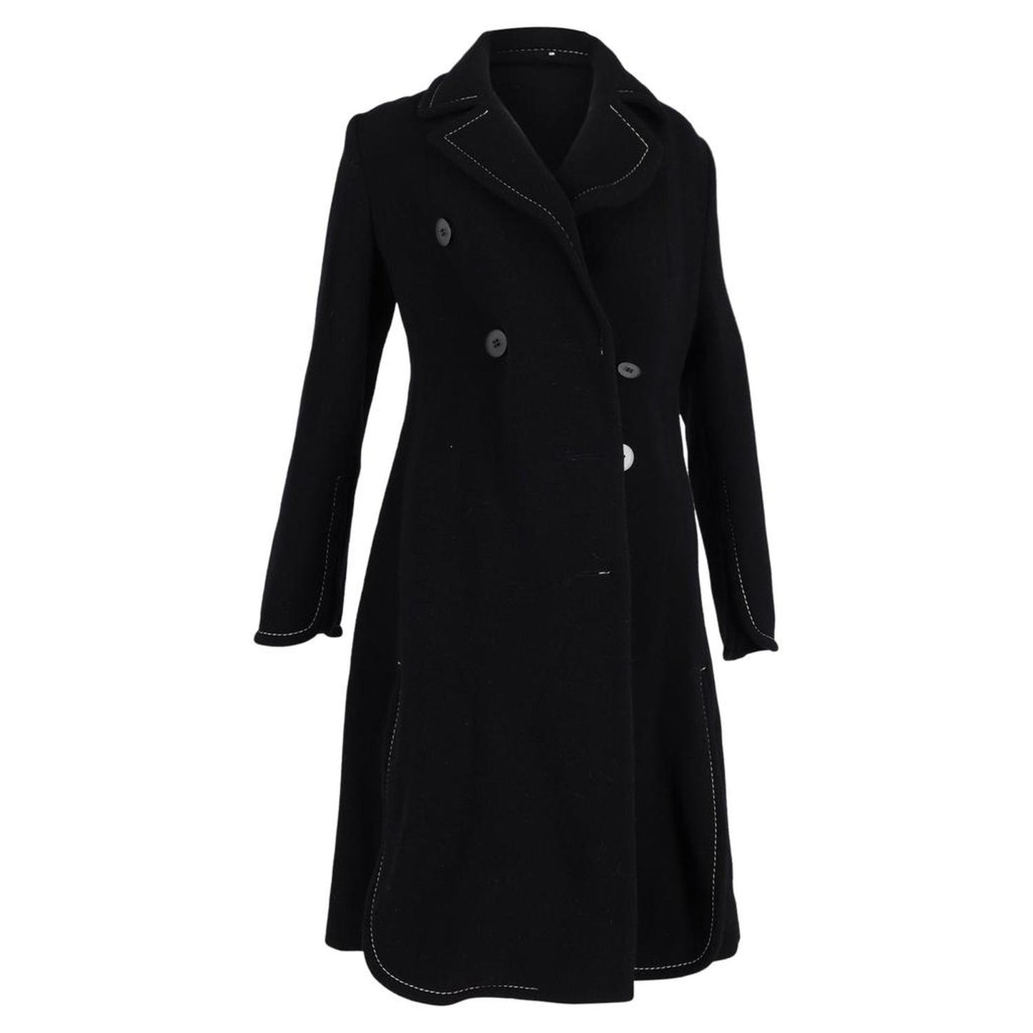 Visible Stitch Double -Breasted Coat in Black Wool