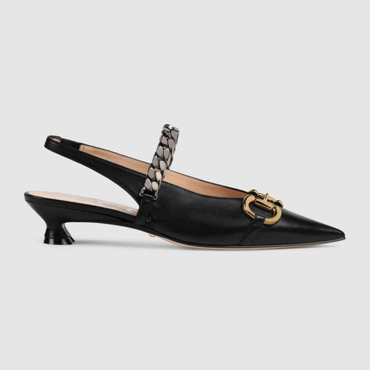 Gucci Horsebit & Chain Leather Slingback Pump