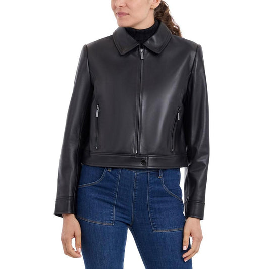 Petite Zip-Front Leather Coat