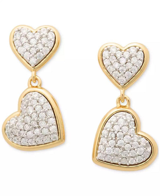 Two-Tone Cubic Zirconia Pavé Double Heart Drop Earrings