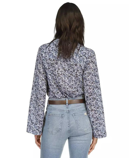 Women's Floral-Print Button-Front Flare-Sleeve Top