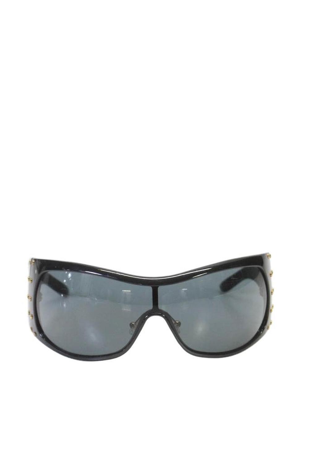 Womens Gold Tone Studded Gray Lens Large Shield Sunglasses Black