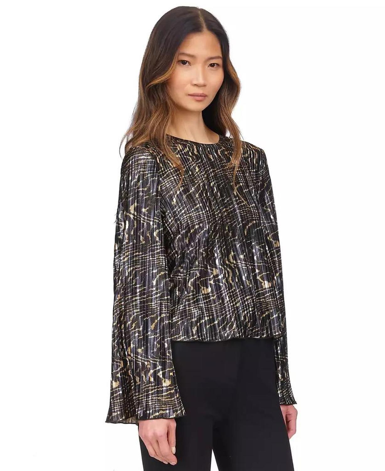 Women's Printed Pleated Bell-Sleeve Top