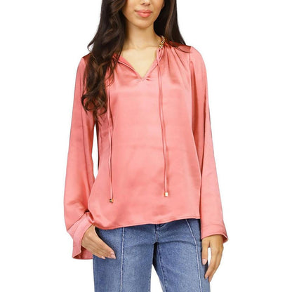 Petites Womens Satin Chain Neck Blouse