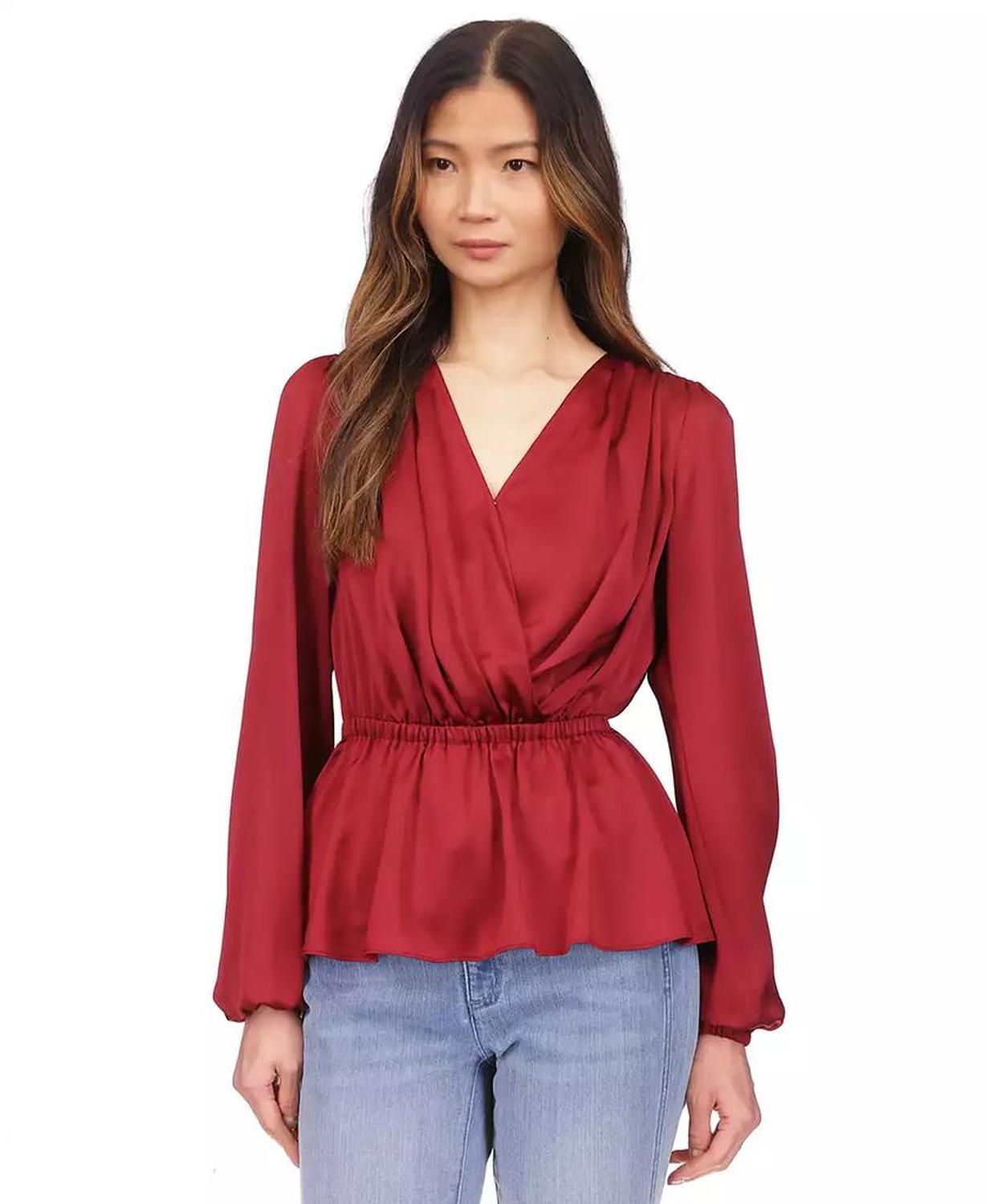 Women's Satin Faux-Wrap Peplum Top