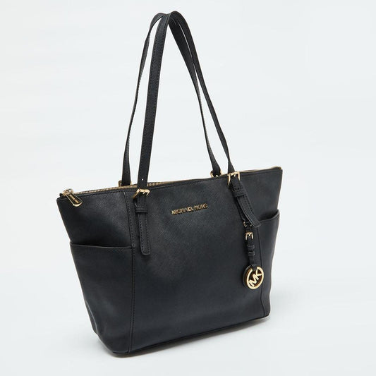 Michael Kors Black Leather Medium Jet Set Top Zip Tote