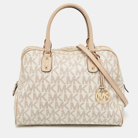 Michael Kors Beige/white Signature Coated Canvas And Leather Charm Satchel