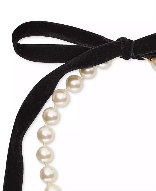 Gold-Tone Imitation Pearl Velvet Tie 78" Statement Necklace