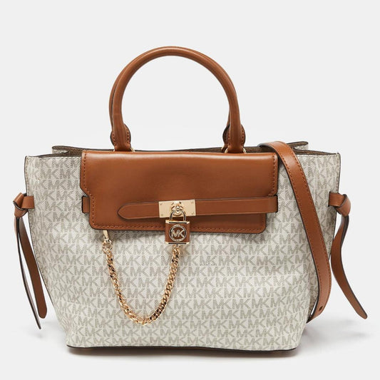 Michael Kors Vanilla/tan Signature Coated Canvas And Leather Hamilton Legacy Belted Tote