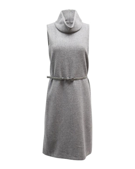 Max Mara Belted Turtle Neck Sleeveless Midi Dress in Grey Wool