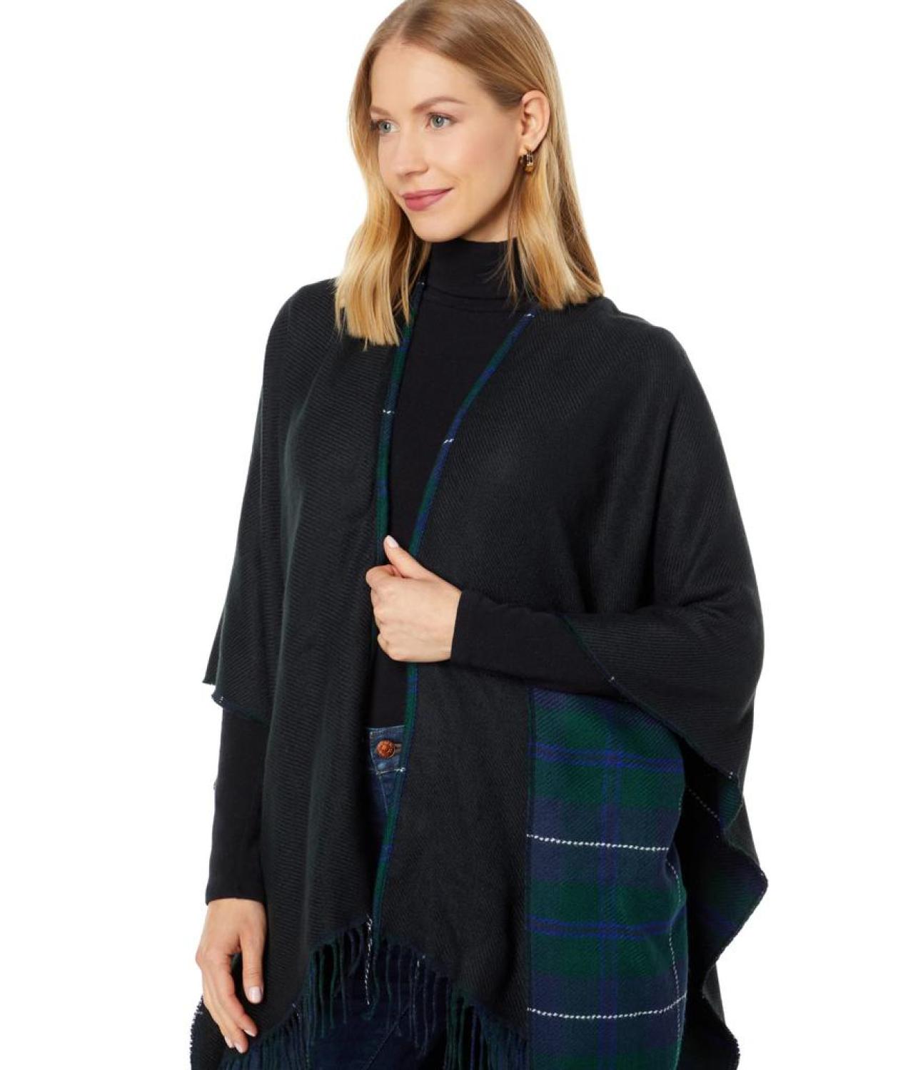 Reversible Plaid Ruana with Faux Fur Collar