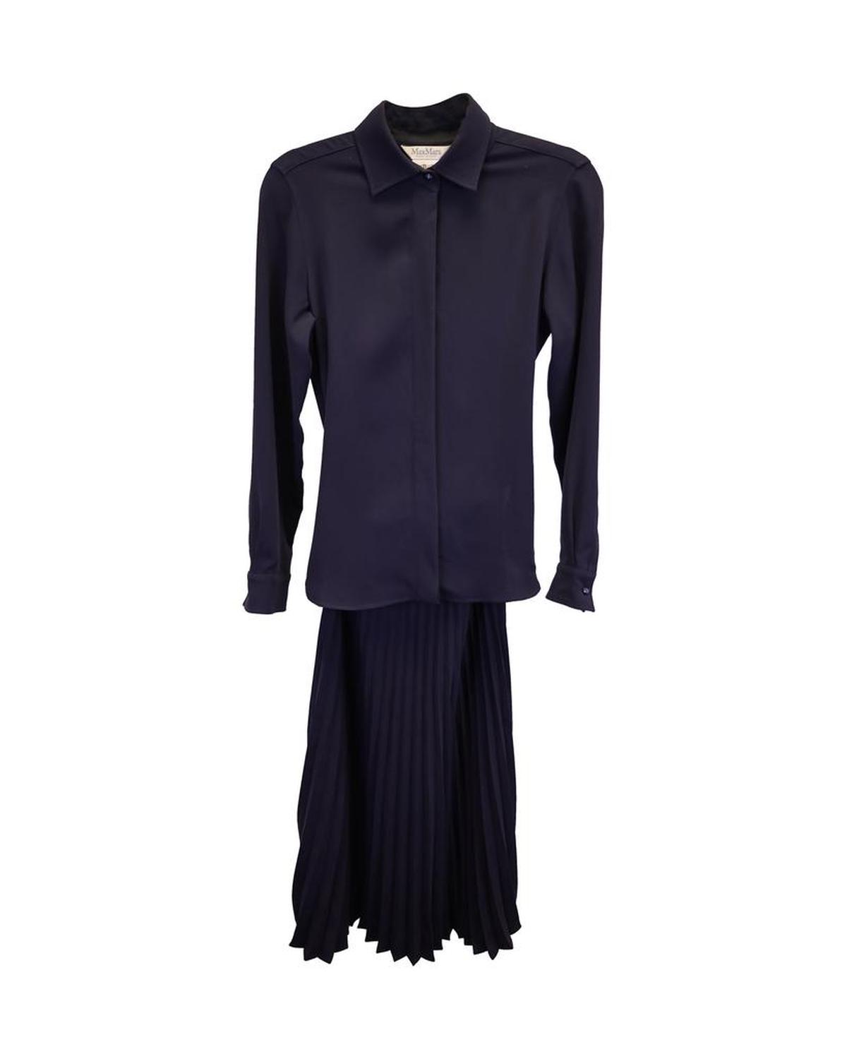 Max Mara Pleated Carmine Shirt Dress in Navy Blue Triacetate