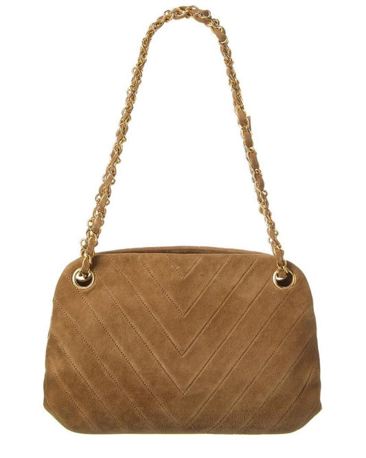 Chanel Neutral Suede Chevron Chain Shoulder Bag (Authentic Pre-Owned)