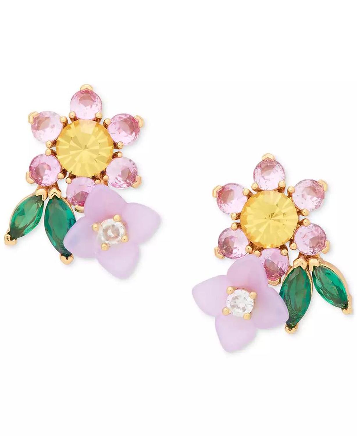 Gold-Tone Mixed Stone Flower Cluster Stud Earrings