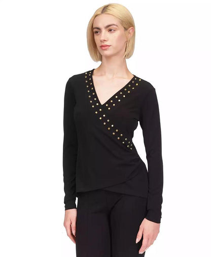 MICHAEL Women's Astor Studded Faux-Wrap Top