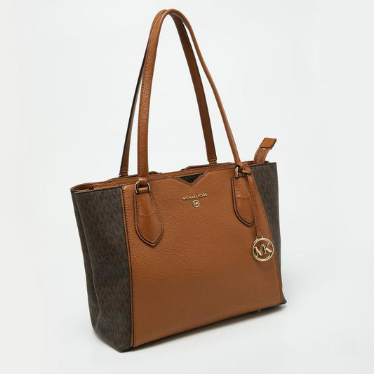 Michael Kors Brown/tan Signature Coated Canvas And Leather Mae Tote