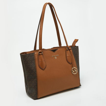 Michael Kors Brown/tan Signature Coated Canvas And Leather Mae Tote