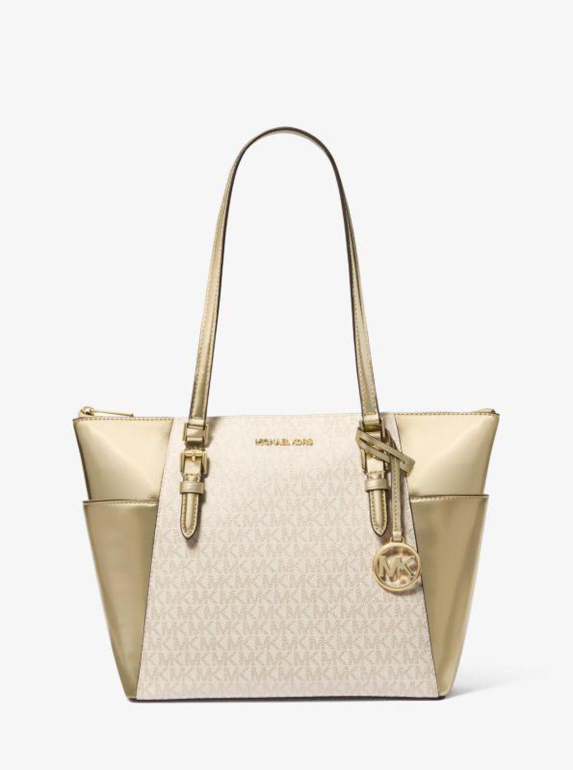 Charlotte Large Signature Logo and Metallic Top-Zip Tote Bag