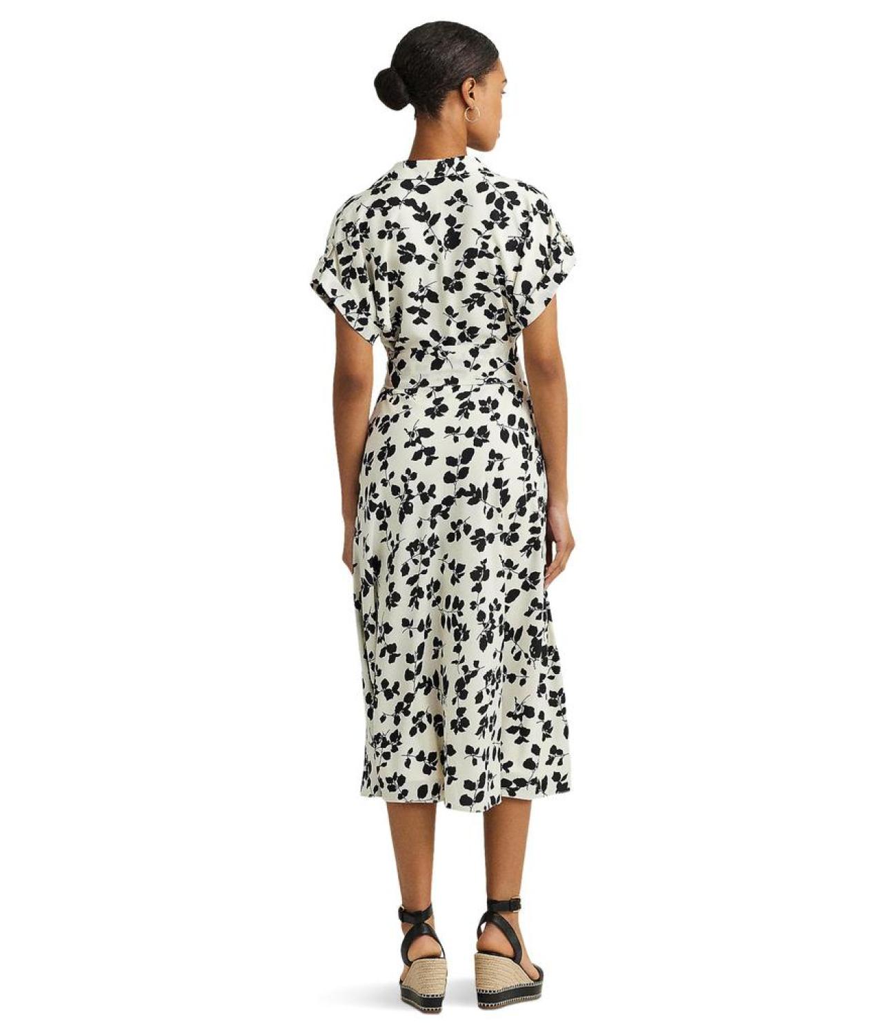 Leaf-Print Belted Crepe Dress