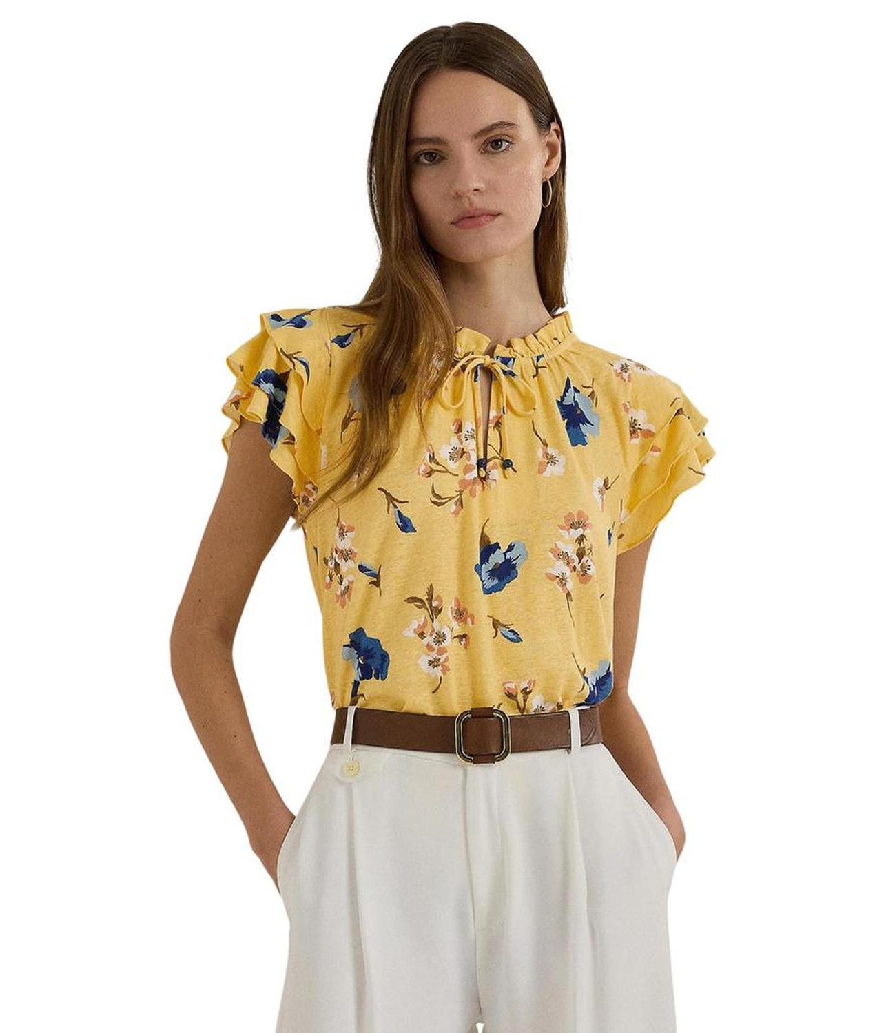 Floral Linen-Blend Jersey Tie-Neck Top