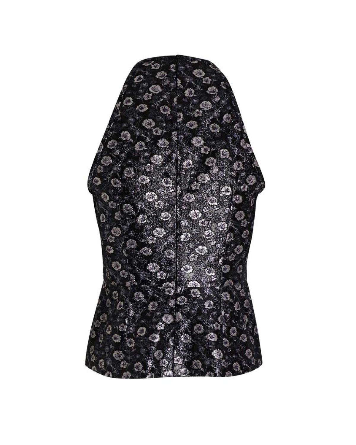 Prada Metallic Halter Top in Black Floral Print Polyester